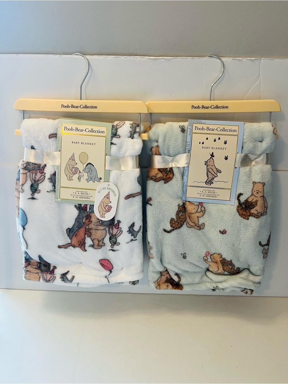 Winnie the Pooh Bear Collection Lot of 2 Baby Blankets White Green Birthday